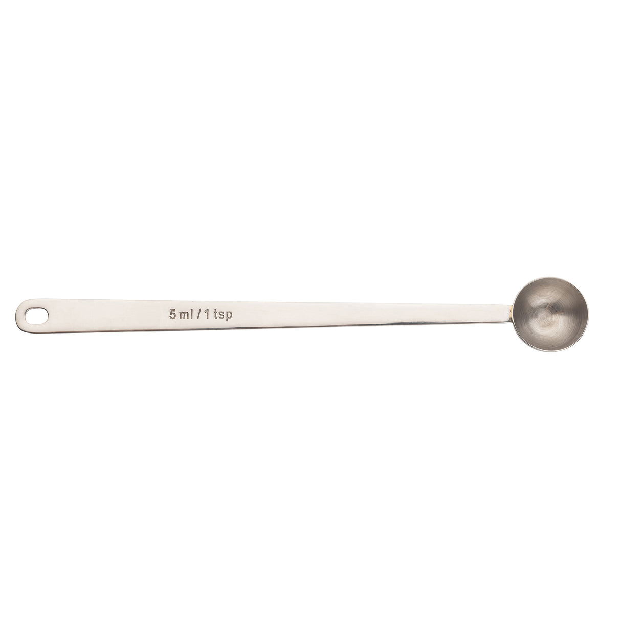 A stainless steel coffee scoop with a long handle and a round bowl. The handle is engraved with “5 ml / 1 tsp” and features a small hole at the end for hanging. The spoon is pictured on a white background.