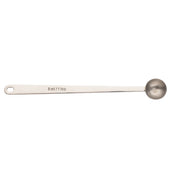 A stainless steel coffee scoop with a long handle and a round bowl. The handle is engraved with “5 ml / 1 tsp” and features a small hole at the end for hanging. The spoon is pictured on a white background.