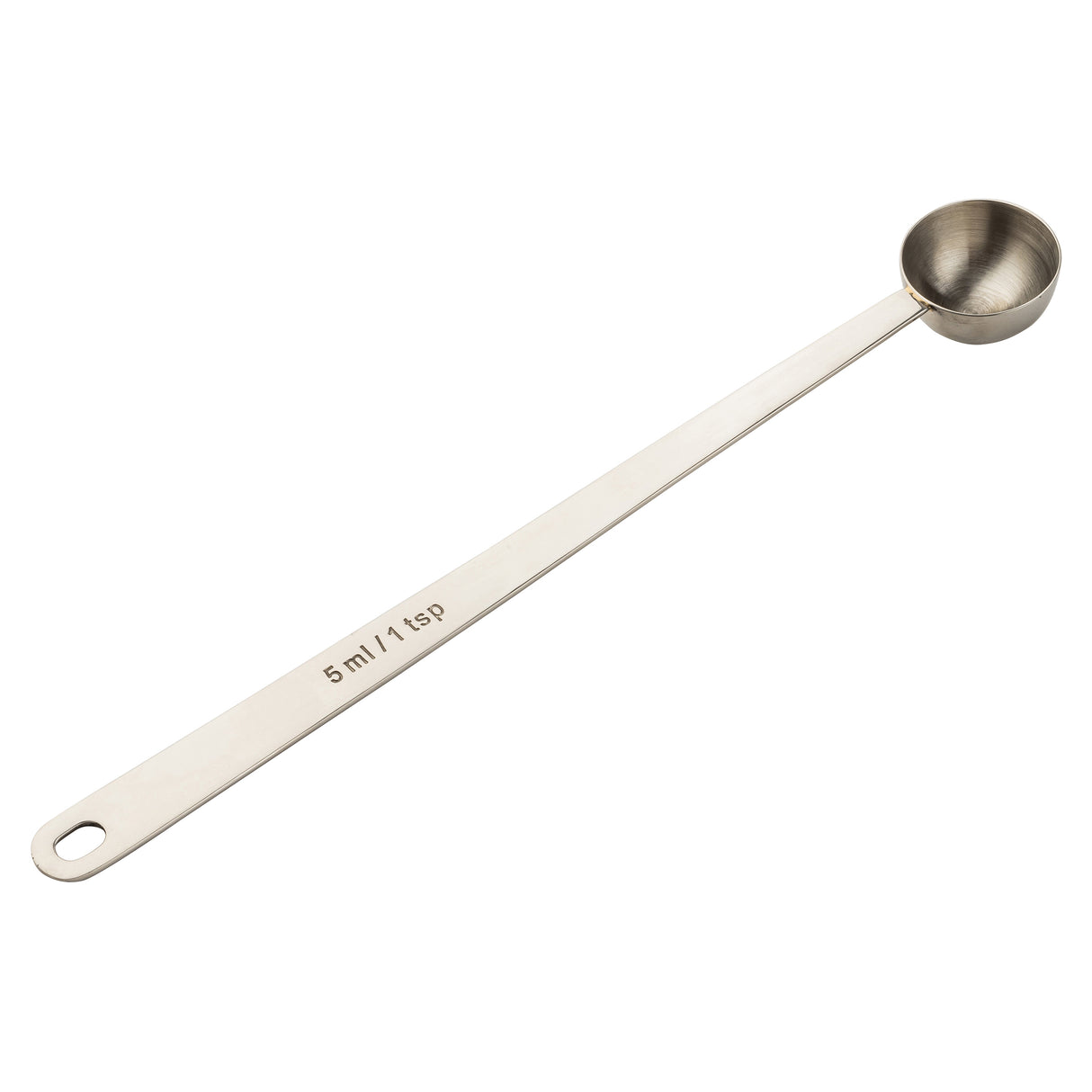 A stainless steel measuring spoon with a small, round bowl and a long handle. The handle is engraved with “5 ml / 1 tsp” and has a hole at the end for hanging. Perfect as a coffee scoop, it’s shown on a white background.