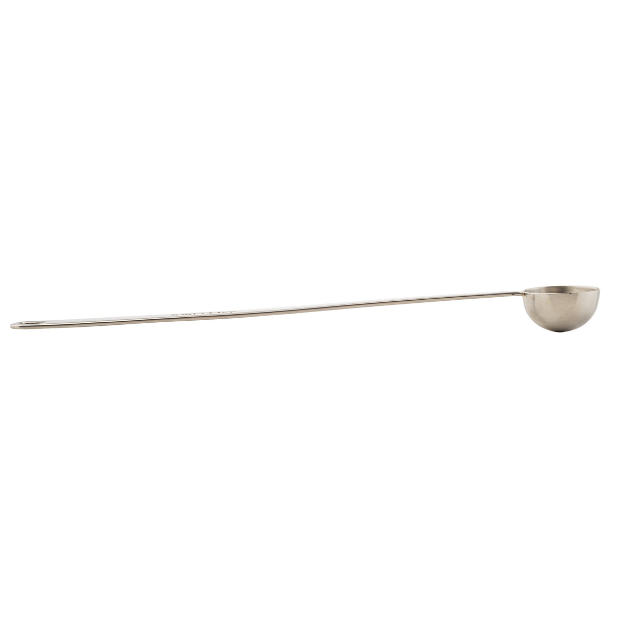 A long, slender stainless steel spoon with a small, round bowl at one end and a straight handle. The handle includes a hole near the tip, likely for hanging. This coffee scoop is shown against a white background.