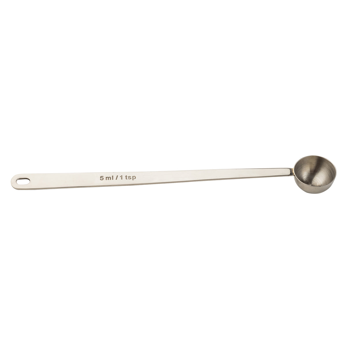 A stainless steel coffee scoop with a long handle and a round bowl. The handle is stamped with “5 ml / 1 tsp,” and has a small hole at the end for hanging. The spoon is shown against a plain white background.