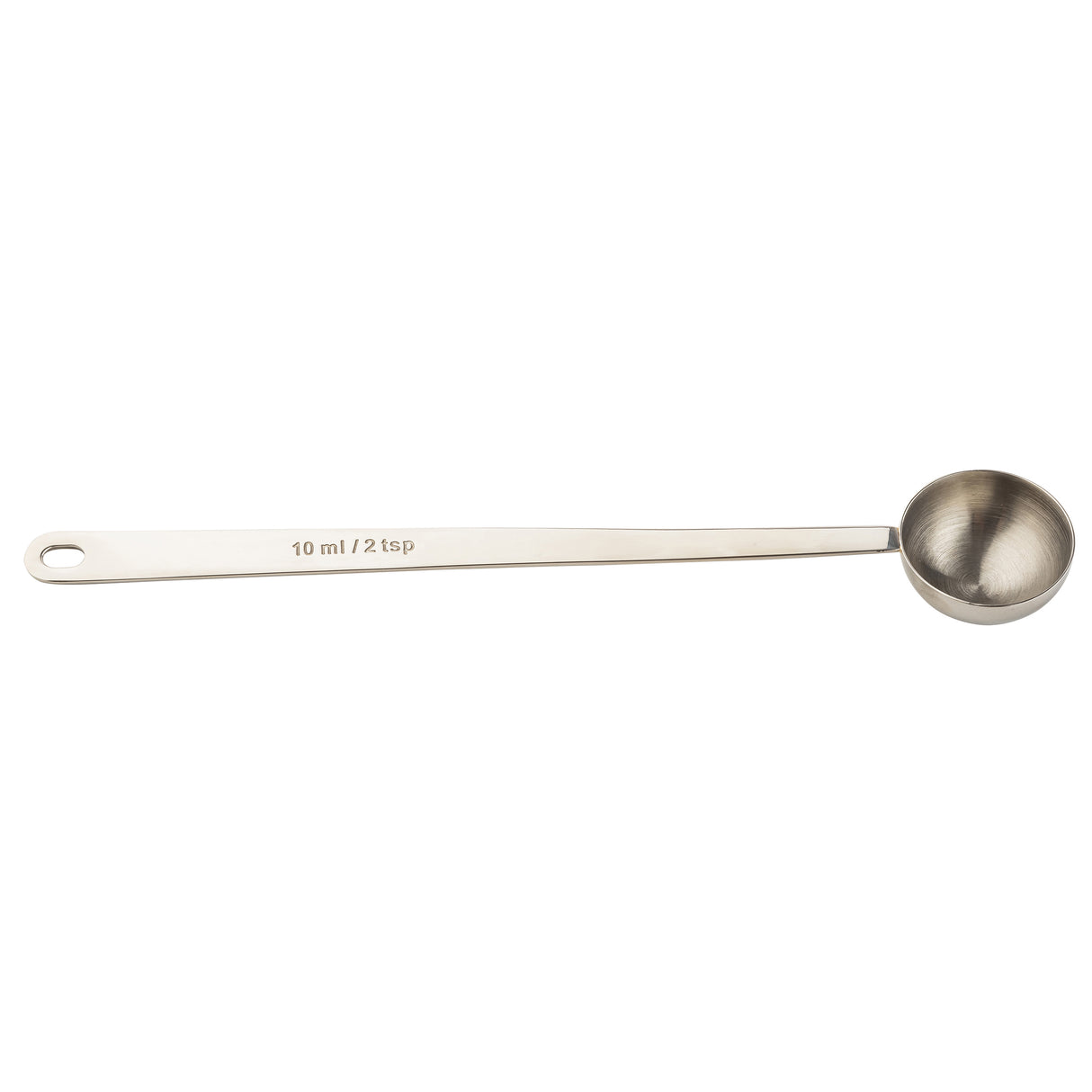 A stainless steel coffee scoop with a round bowl and a long handle. The handle is engraved with “10 ml / 2 tsp” and has a hole at the end for hanging. The spoon is clean and positioned on a white background.