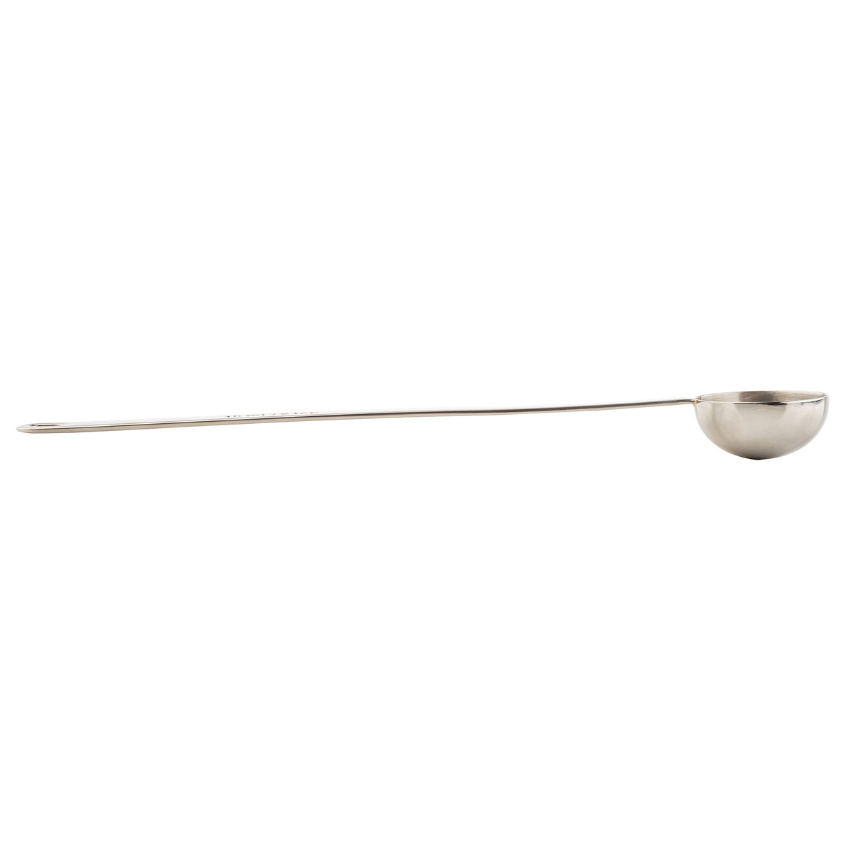 A long-handled, stainless steel coffee scoop with a deep, round bowl at one end, pictured on a plain white background. The spoon’s design is simple and utilitarian, with a straight handle extending from the rounded scoop.