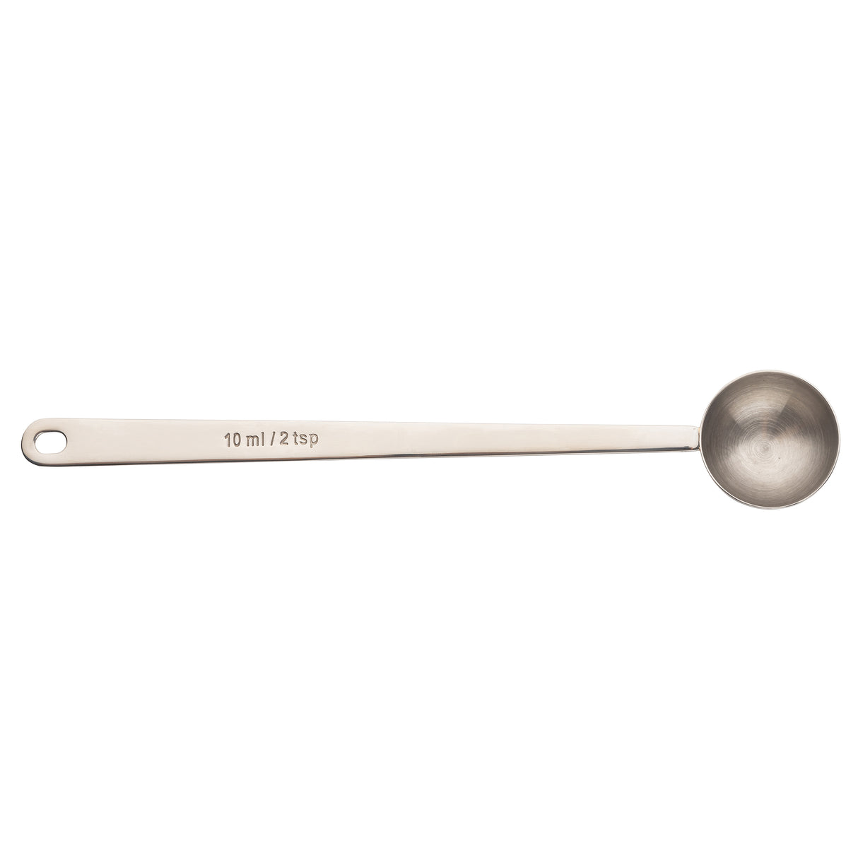 A stainless steel coffee scoop labeled “10 ml / 2 tsp.” features a long handle with a small hole at the end and a round bowl, set against a plain white background.