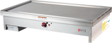 A stainless steel Wolf TYG48C_LP teppanyaki griddle features a flat commercial cooking surface, front control knob, indicator lights, left-side grease tray, and bold Wolf branding in red on the front right corner panel.
