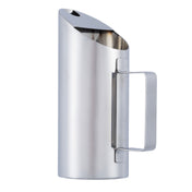 A tall, cylindrical stainless steel pitcher with a modern design, this premium pitcher features a wide, flat handle and angled spout. The smooth, reflective surface and small pouring notch complete the look against a plain white background.