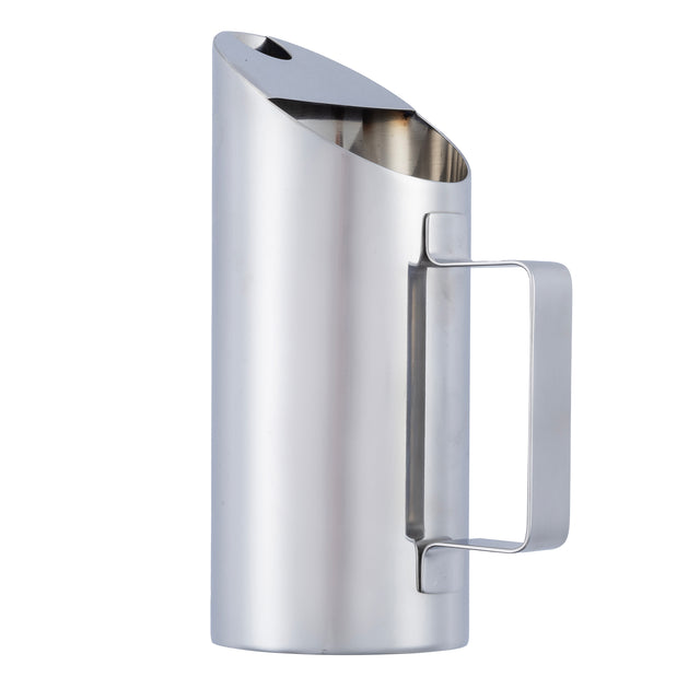 A tall, cylindrical stainless steel pitcher with a modern design, this premium pitcher features a wide, flat handle and angled spout. The smooth, reflective surface and small pouring notch complete the look against a plain white background.