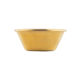 A shiny, gold PVD finish stainless steel bowl with smooth sides and a slightly flared rim sits centered on a plain white background. The empty bowl has a minimalist, modern style, resembling an elegant ramekin.