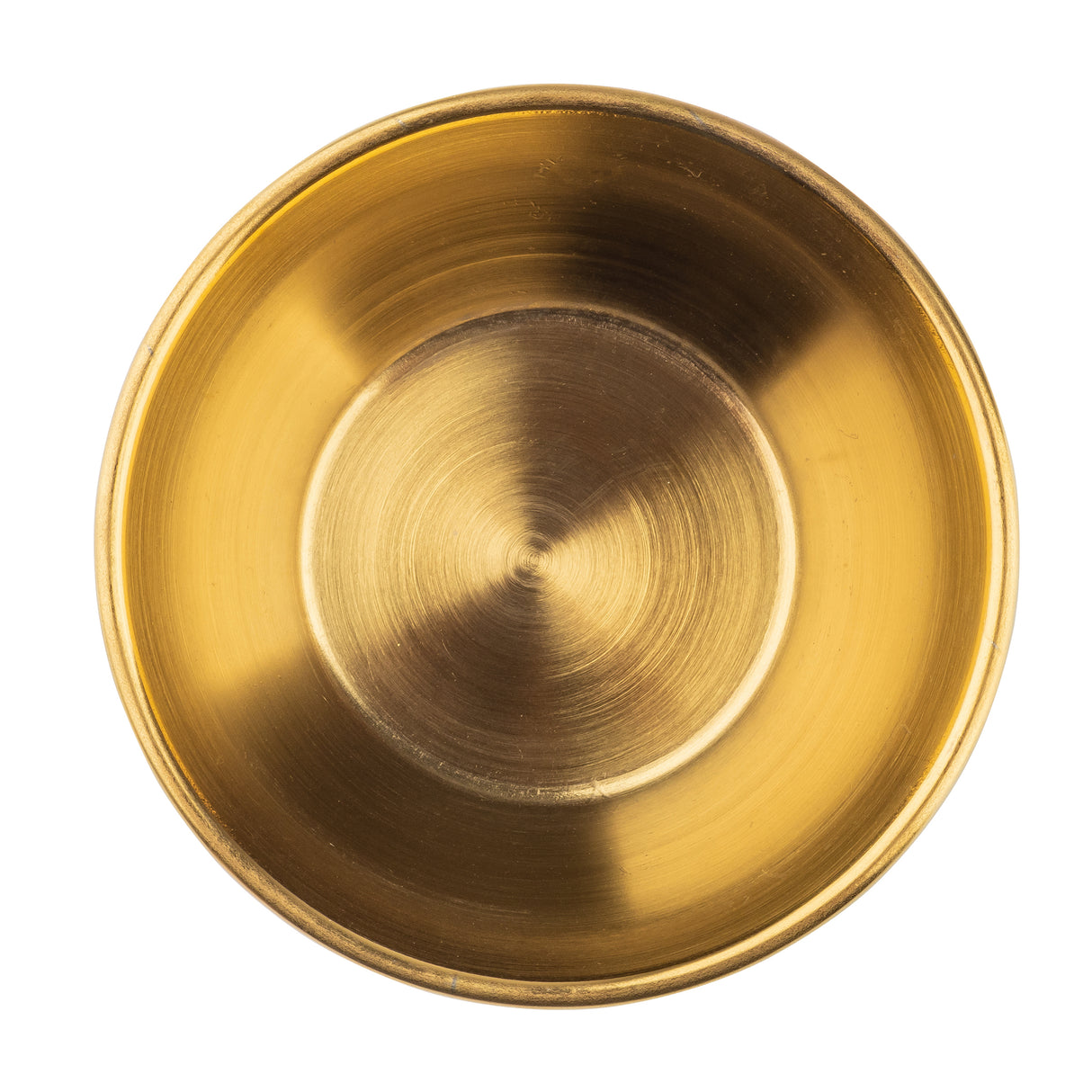 A round, shallow brass bowl with a gold PVD finish shines brightly on a white background, its smooth surface and circular brushed texture catching the light like a stainless steel ramekin.