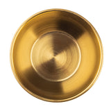 A round, shallow brass bowl with a gold PVD finish shines brightly on a white background, its smooth surface and circular brushed texture catching the light like a stainless steel ramekin.