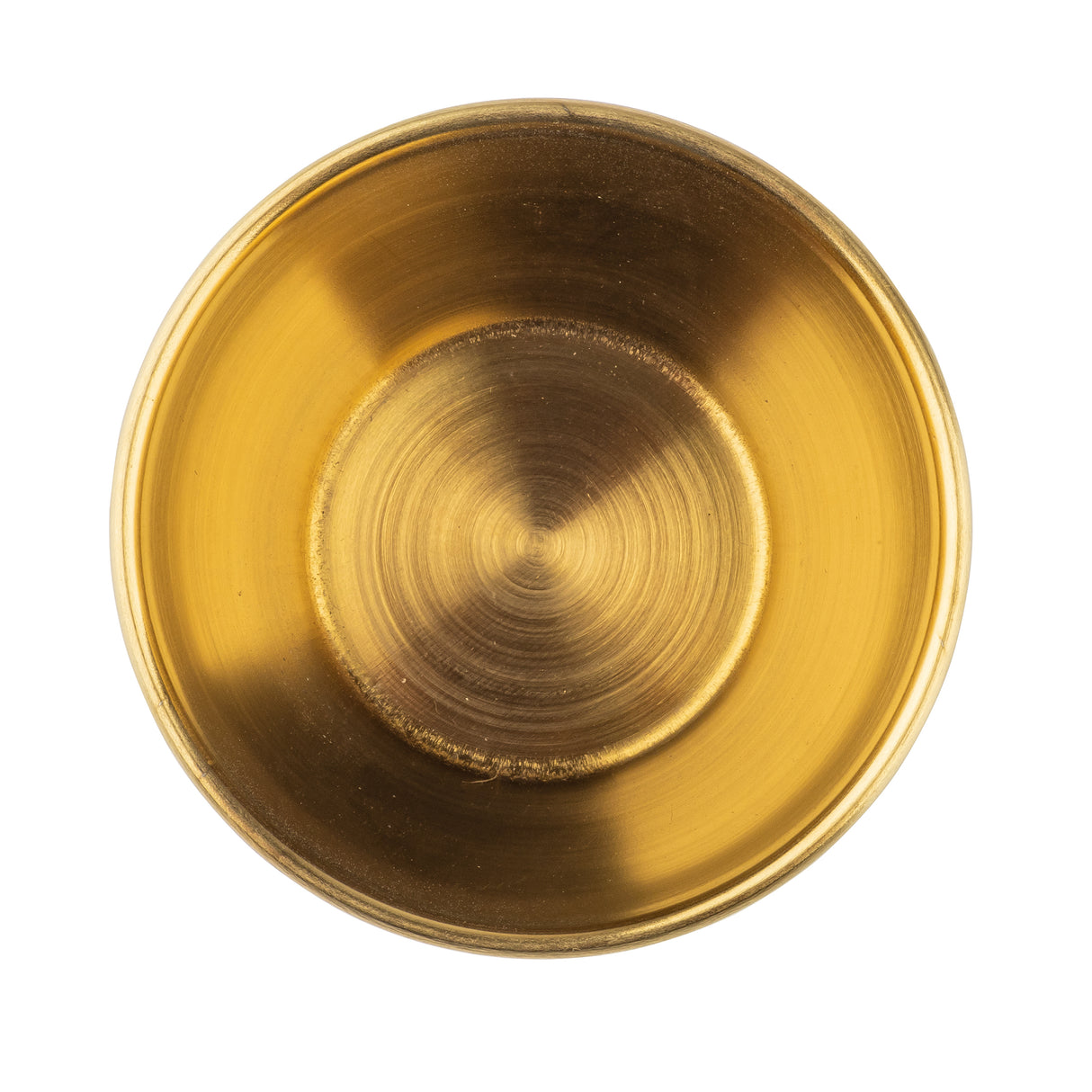 A shiny, metallic bowl with a gold PVD finish is viewed from above, centered on a white background. The smooth, reflective surface features concentric circular patterns, while the thin rim and glowing interior give this ramekin a luxurious look.