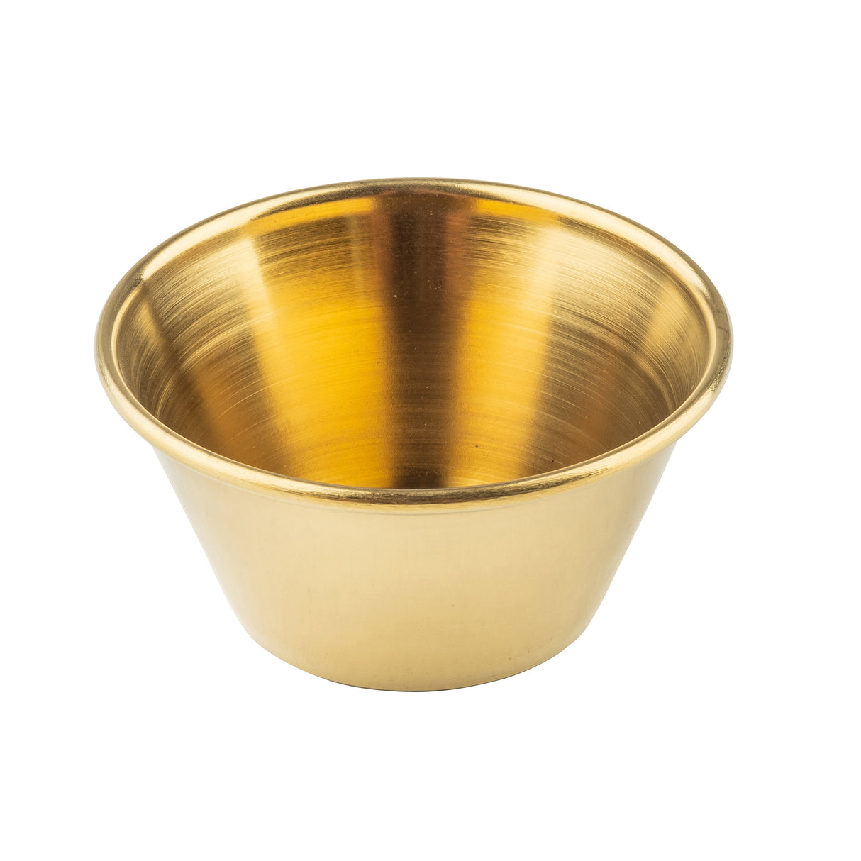 A shiny, round, 2 oz. stainless steel ramekin with a metallic gold PVD finish, smooth sides, and a slightly flared rim, shown against a plain white background. The bowl’s surface reflects light, highlighting its polished look.