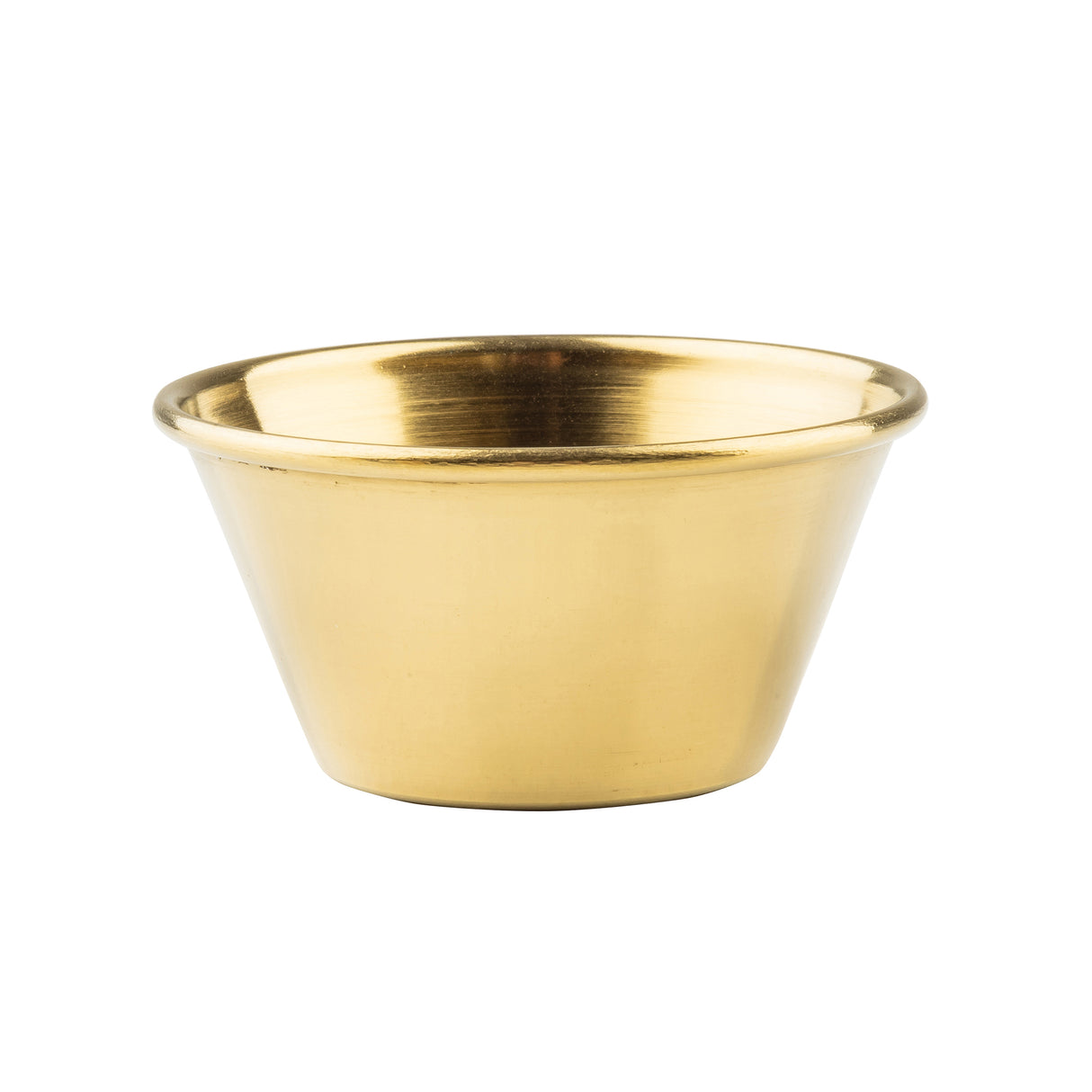 A small, shiny, gold-colored stainless steel ramekin with a wide rim and tapering base, featuring a smooth gold PVD finish. This 2 oz. bowl has a polished surface and a simple, minimalist design against a plain white background.