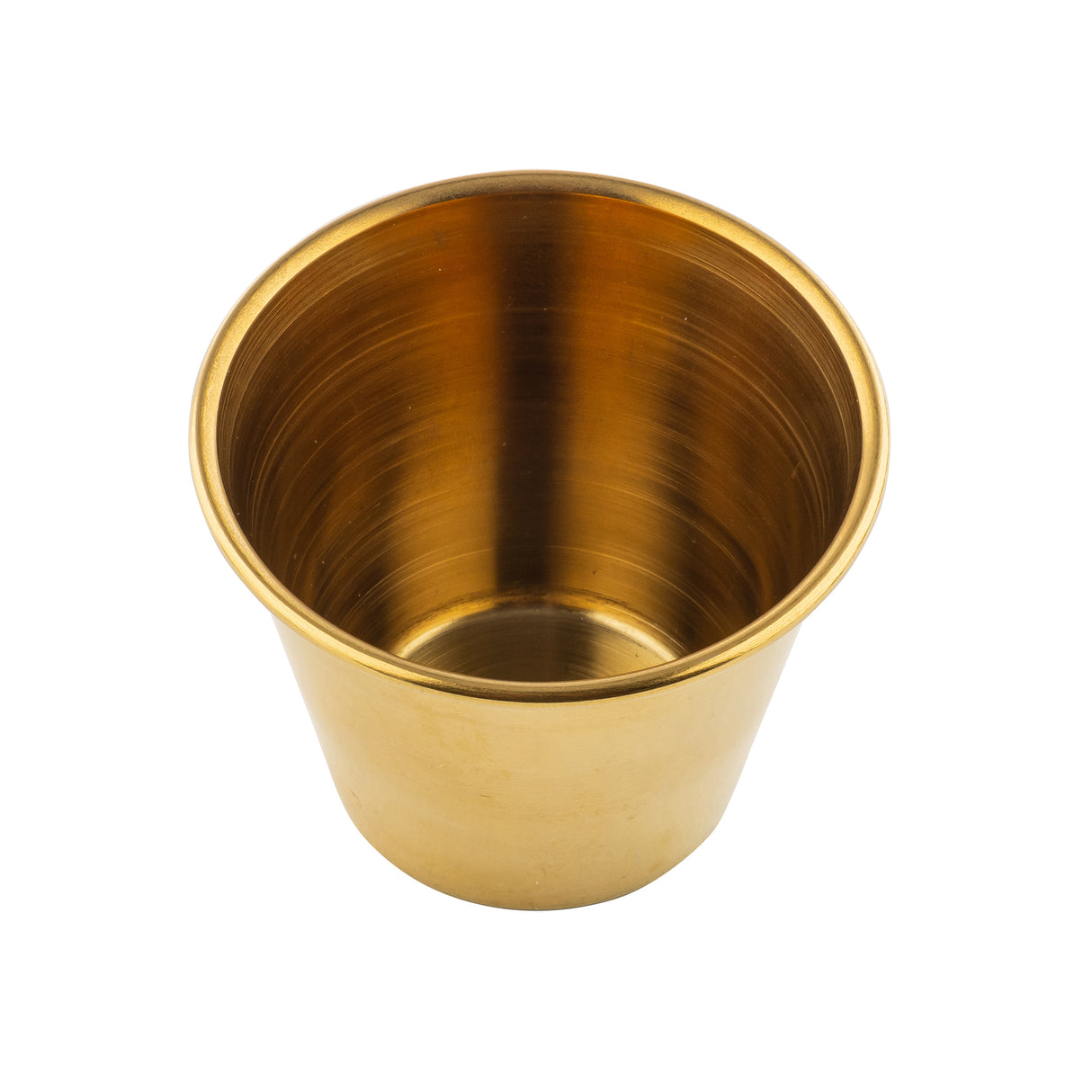 A shiny, metallic brass cup with a smooth surface and gold PVD finish is shown from a top angle on a white background. The cylindrical stainless steel cup, resembling a ramekin, is empty and slightly wider at the opening than at the base.