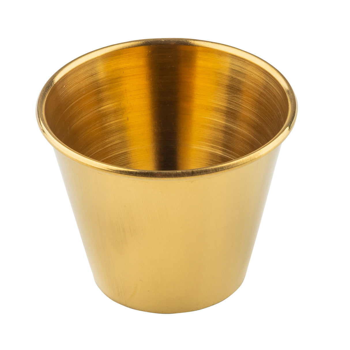 A shiny 2-1/2 oz stainless steel ramekin with a gold PVD finish, featuring a wide rim and slightly tapered shape. Its smooth, reflective surface gleams against the plain white background, and it appears empty.