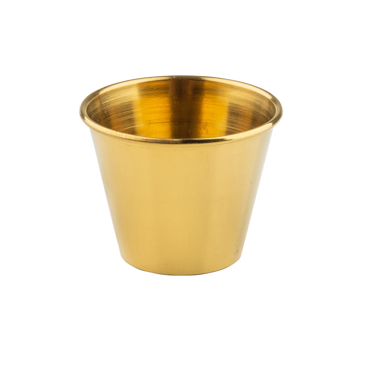 A shiny, metallic gold cup with a smooth surface and a wide rim that tapers down to a narrower base, this 2-1/2 oz ramekin features a stunning gold PVD finish. The cup is empty and set against a plain white background.