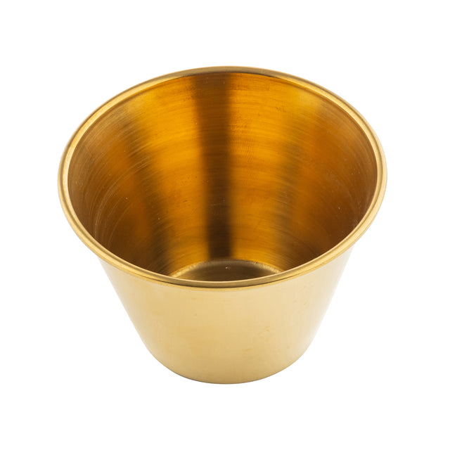 A shiny, gold-colored stainless steel cup with a smooth gold PVD finish and slightly flared rim. The reflective ramekin is photographed on a white background from a high angle, clearly showing its sleek interior.