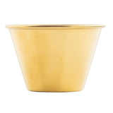 A shiny, cylindrical ramekin with a gold PVD finish, featuring a slightly flared rim and smooth surface, sits against a plain white background.