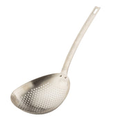 A TableCraft 12830 stainless steel slotted skimmer spoon with a round, perforated bowl and long handle. This scoop colander features a small rectangular hole at the handle’s end for hanging and is angled on a plain white background.