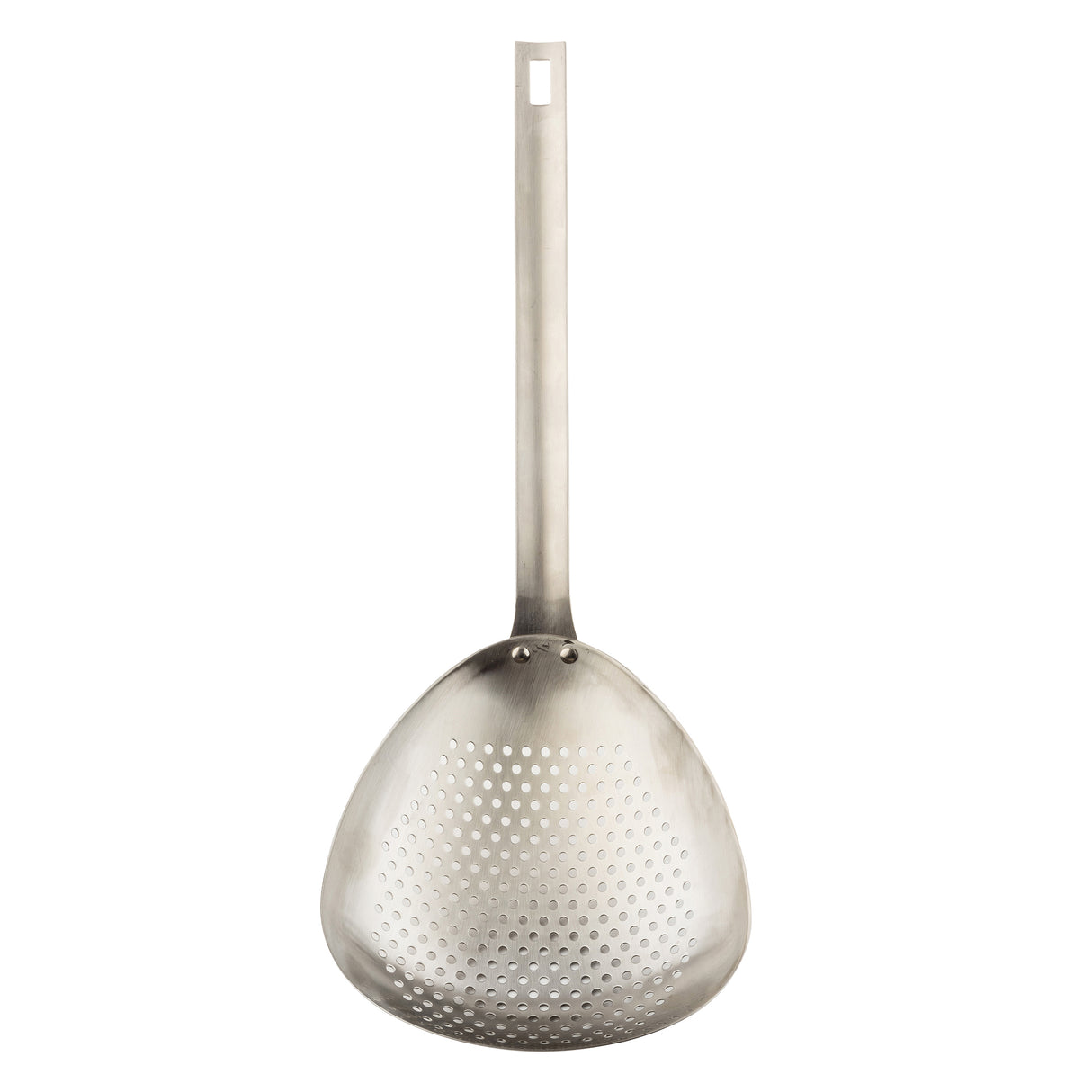 The TableCraft 12830 is a stainless steel skimmer with a long handle and a wide, shallow, round base filled with small perforations for draining liquids, similar to a scoop colander. The handle features a rectangular hole for hanging. Sleek and functional design.