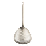 The TableCraft 12830 is a stainless steel skimmer with a long handle and a wide, shallow, round base filled with small perforations for draining liquids, similar to a scoop colander. The handle features a rectangular hole for hanging. Sleek and functional design.
