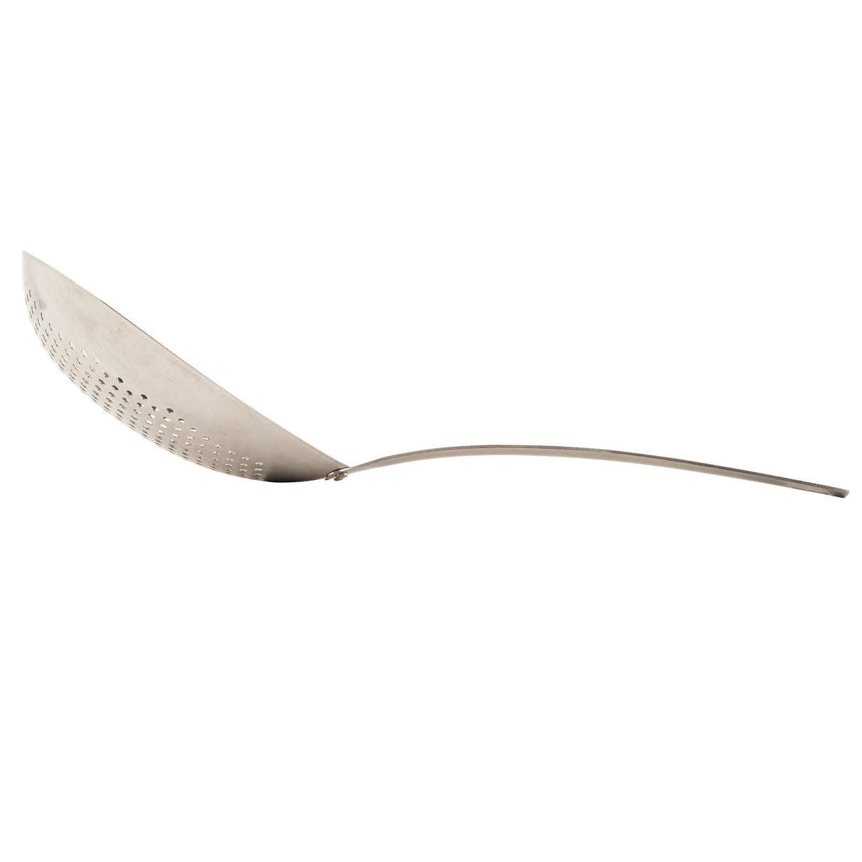 The TableCraft 12830 is a stainless steel slotted skimmer with a curved, perforated bowl and a long handle, ideal as a scoop colander for straining or lifting food from frying oil or boiling water. Shown on a white background.
