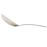 The TableCraft 12830 is a stainless steel slotted skimmer with a curved, perforated bowl and a long handle, ideal as a scoop colander for straining or lifting food from frying oil or boiling water. Shown on a white background.