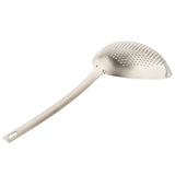 The TableCraft 12830 is a stainless steel skimmer spoon with a long handle and wide, shallow, perforated bowl—like a mini scoop colander—for straining or skimming liquids. Features evenly spaced holes and a flat, rectangular hanging hole.