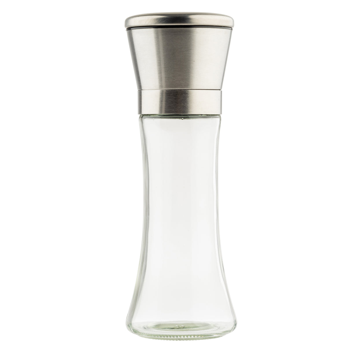 A clear glass salt and pepper mill with a flared base and stainless steel top. This TableCraft Products grinder stands upright on a white background, highlighting its simple, modern design—perfect for any Salt & Pepper Mill Set.