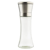 A clear glass salt and pepper mill with a flared base and stainless steel top. This TableCraft Products grinder stands upright on a white background, highlighting its simple, modern design—perfect for any Salt & Pepper Mill Set.