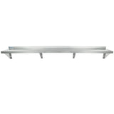 A long, silver stainless steel shelf with a flat surface and a raised back edge. This NSF wall mount storage shelf is supported by five triangular metal brackets evenly spaced along the underside, perfect for mounting to your wall.