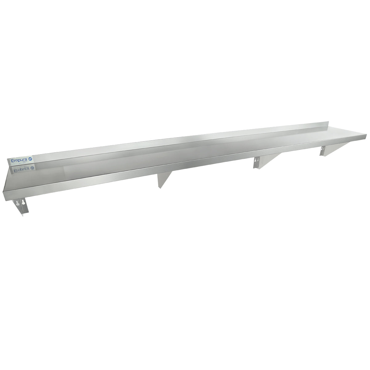A long, silver NSF stainless steel shelf with three triangular support brackets underneath. This wall mount storage shelf features a slightly raised back edge and is mounted against a plain white background.