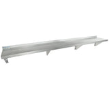 A long, silver NSF stainless steel shelf with three triangular support brackets underneath. This wall mount storage shelf features a slightly raised back edge and is mounted against a plain white background.