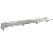 A long, silver NSF stainless steel shelf with three triangular support brackets underneath. This wall mount storage shelf features a slightly raised back edge and is mounted against a plain white background.
