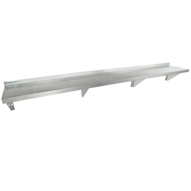 A long, silver NSF stainless steel shelf with three triangular support brackets underneath. This wall mount storage shelf features a slightly raised back edge and is mounted against a plain white background.