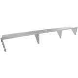 A long, silver stainless steel shelf with three angular support brackets is evenly spaced underneath. This minimalist, industrial wall mount storage shelf features visible screw holes on each NSF-certified bracket and a smooth, flat surface against a plain white background.
