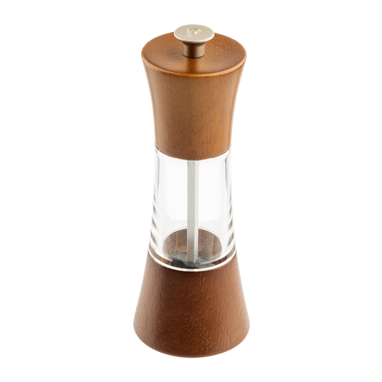 A wooden pepper grinder with a clear middle section showing peppercorns inside. Crafted from smooth, polished rubberwood, the modern, curved design features a transparent center displaying the metal mechanism—perfect for any Salt & Pepper Mill Set.