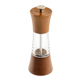 A wooden pepper grinder with a clear middle section showing peppercorns inside. Crafted from smooth, polished rubberwood, the modern, curved design features a transparent center displaying the metal mechanism—perfect for any Salt & Pepper Mill Set.
