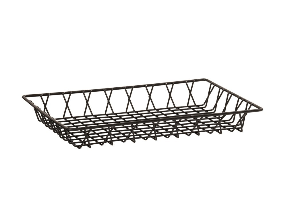 A rectangular metal basket tray with a grid pattern on the bottom and diagonal crosshatch sides, shown on a plain white background. This BPA free wire tray is empty and has no handles.