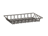 A rectangular metal basket tray with a grid pattern on the bottom and diagonal crosshatch sides, shown on a plain white background. This BPA free wire tray is empty and has no handles.
