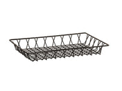A rectangular metal basket tray with a grid pattern on the bottom and diagonal crosshatch sides, shown on a plain white background. This BPA free wire tray is empty and has no handles.