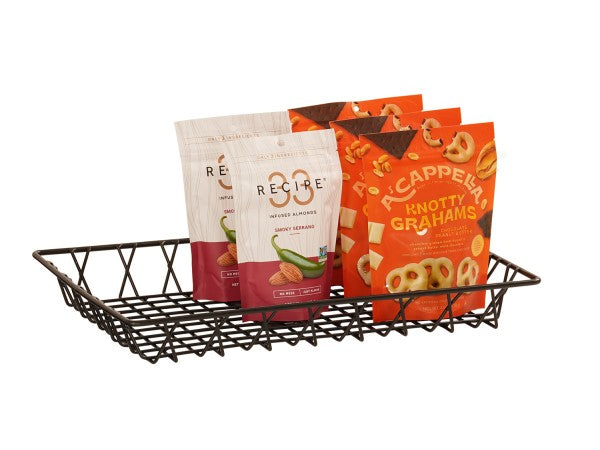 A BPA free wire tray holds two white RECRO snack pouches with almonds and two orange A CAPPELLA Knotty Grahams bags, featuring pretzel and graham imagery, standing upright and neatly arranged.