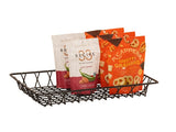 A BPA free wire tray holds two white RECRO snack pouches with almonds and two orange A CAPPELLA Knotty Grahams bags, featuring pretzel and graham imagery, standing upright and neatly arranged.