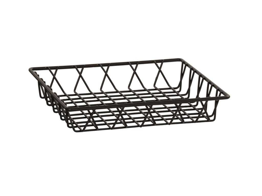 Rectangular black wire basket with an open grid design. The sides and base feature evenly spaced metal rods, creating a see-through, lightweight tray rack. The basket is empty and set against a plain white background.