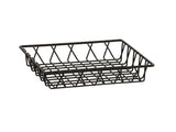 Rectangular black wire basket with an open grid design. The sides and base feature evenly spaced metal rods, creating a see-through, lightweight tray rack. The basket is empty and set against a plain white background.
