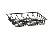 Rectangular black wire basket with an open grid design. The sides and base feature evenly spaced metal rods, creating a see-through, lightweight tray rack. The basket is empty and set against a plain white background.