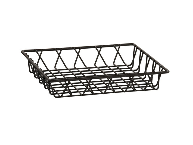 Rectangular black wire basket with an open grid design. The sides and base feature evenly spaced metal rods, creating a see-through, lightweight tray rack. The basket is empty and set against a plain white background.