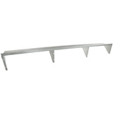 A long, rectangular stainless steel shelf with three supporting triangular brackets evenly spaced underneath. The NSF wall mount storage shelf features a simple, industrial design and is mounted against a plain white background.