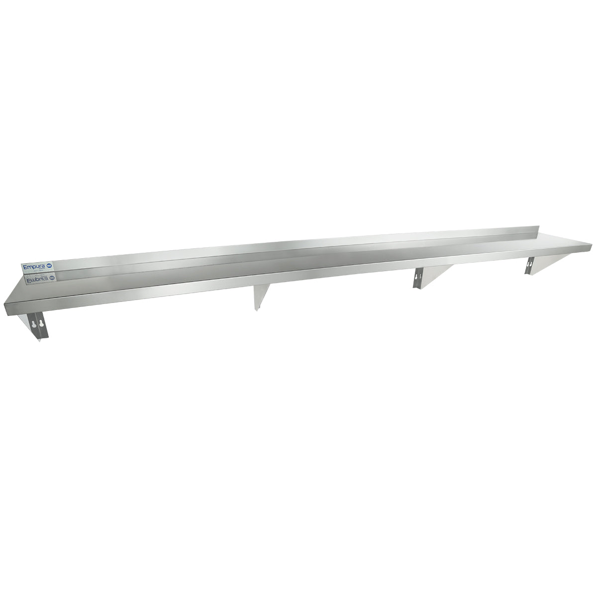 A long, NSF stainless steel wall mount storage shelf features three angled metal brackets for support. The shelf has a raised back edge, and two labels with blue text are visible on the left end. The background is plain white.