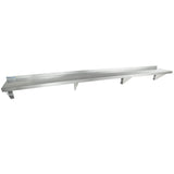 A long, NSF stainless steel wall mount storage shelf features three angled metal brackets for support. The shelf has a raised back edge, and two labels with blue text are visible on the left end. The background is plain white.